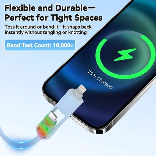 Alt view image 6 of 7 - 2 Pack 4 in 1 Charging Cable Flexible Silicone 60w Fast Charge Multi Charging Cable 480 Mbps High Speed RGB Charging Cord USBA/TypeC to TypeC/iPhone for iPhone, Samsung, Tablets, Laptop