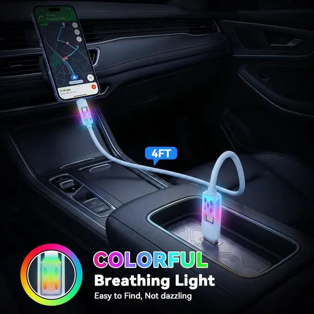 Alt view image 7 of 7 - 2 Pack 4 in 1 Charging Cable Flexible Silicone 60w Fast Charge Multi Charging Cable 480 Mbps High Speed RGB Charging Cord USBA/TypeC to TypeC/iPhone for iPhone, Samsung, Tablets, Laptop