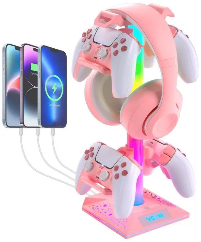 Main image of RGB Gaming Headphones Stand with 2 USB Ports, Pink Headset Stand with 10 Light Modes and Non-Slip Rubber, Suitable for PC Desk Accessories Gamers Gift(Pink)