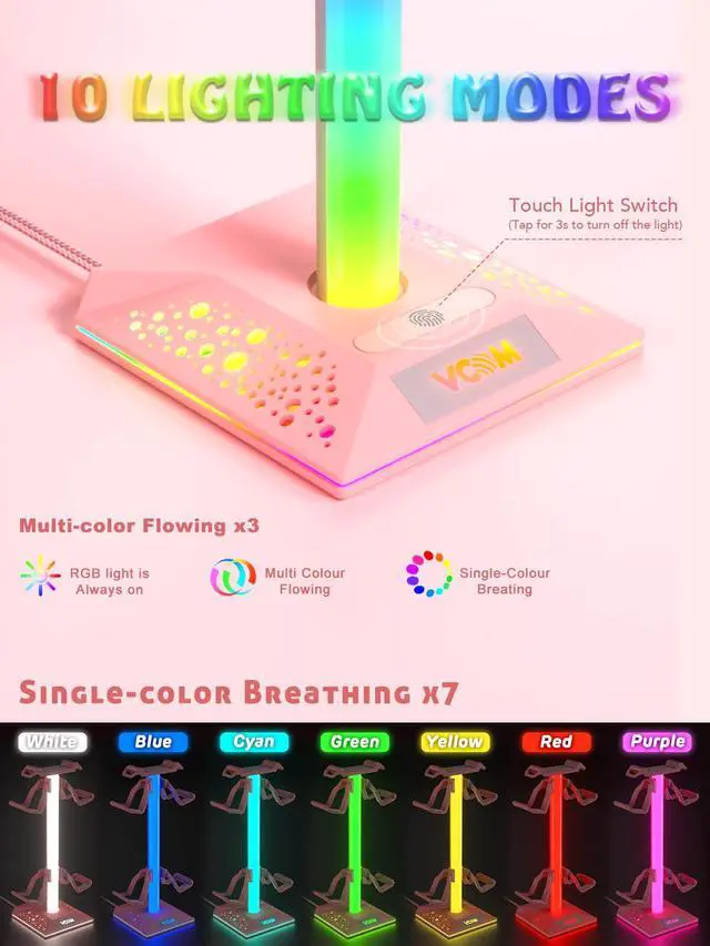 Alt view image 2 of 7 - RGB Gaming Headphones Stand with 2 USB Ports, Pink Headset Stand with 10 Light Modes and Non-Slip Rubber, Suitable for PC Desk Accessories Gamers Gift(Pink)