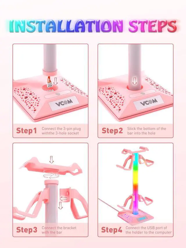 Alt view image 4 of 7 - RGB Gaming Headphones Stand with 2 USB Ports, Pink Headset Stand with 10 Light Modes and Non-Slip Rubber, Suitable for PC Desk Accessories Gamers Gift(Pink)