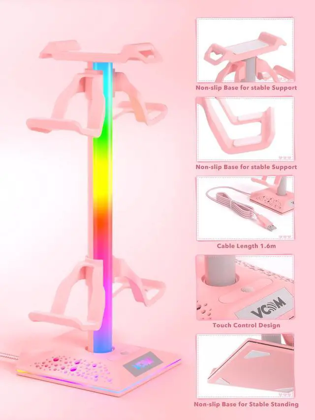 Alt view image 5 of 7 - RGB Gaming Headphones Stand with 2 USB Ports, Pink Headset Stand with 10 Light Modes and Non-Slip Rubber, Suitable for PC Desk Accessories Gamers Gift(Pink)