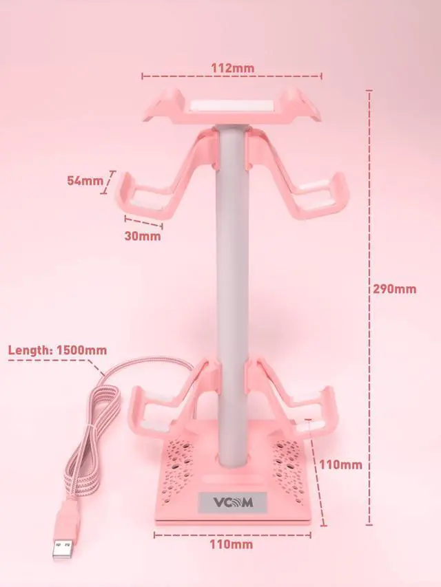 Alt view image 6 of 7 - RGB Gaming Headphones Stand with 2 USB Ports, Pink Headset Stand with 10 Light Modes and Non-Slip Rubber, Suitable for PC Desk Accessories Gamers Gift(Pink)