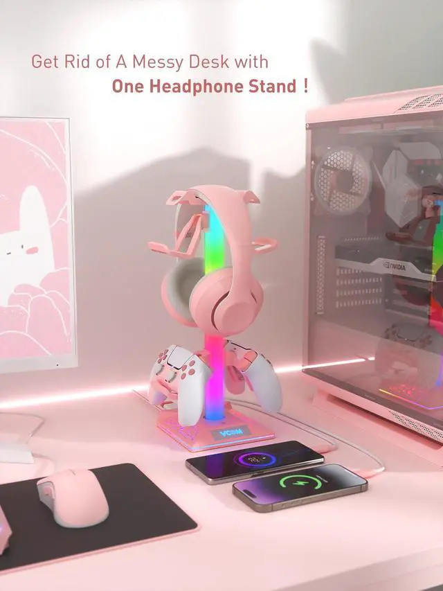 Alt view image 7 of 7 - RGB Gaming Headphones Stand with 2 USB Ports, Pink Headset Stand with 10 Light Modes and Non-Slip Rubber, Suitable for PC Desk Accessories Gamers Gift(Pink)