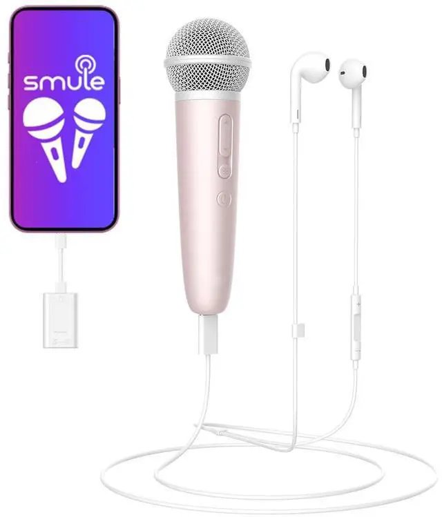 Main image of Singing Microphone with Earphone, Ideal for Vocal Recording, Podcasting, Live Streaming, Gaming, Compatible with Smule & Starmaker & Stingray, USB-C Dongle & Lightning Adapter, Pink