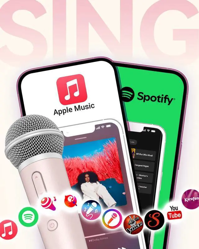 Alt view image 3 of 7 - Singing Microphone with Earphone, Ideal for Vocal Recording, Podcasting, Live Streaming, Gaming, Compatible with Smule & Starmaker & Stingray, USB-C Dongle & Lightning Adapter, Pink