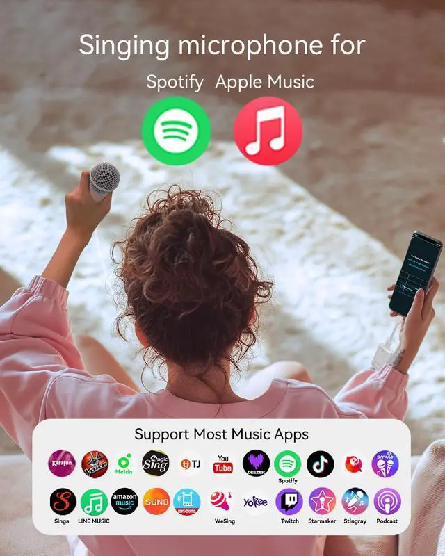 Alt view image 2 of 7 - Singing Microphone with Earphone, Ideal for Vocal Recording, Podcasting, Live Streaming, Gaming, Compatible with Smule & Starmaker & Stingray, USB-C Dongle & Lightning Adapter, Pink