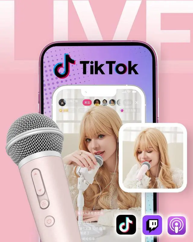 Alt view image 6 of 7 - Singing Microphone with Earphone, Ideal for Vocal Recording, Podcasting, Live Streaming, Gaming, Compatible with Smule & Starmaker & Stingray, USB-C Dongle & Lightning Adapter, Pink