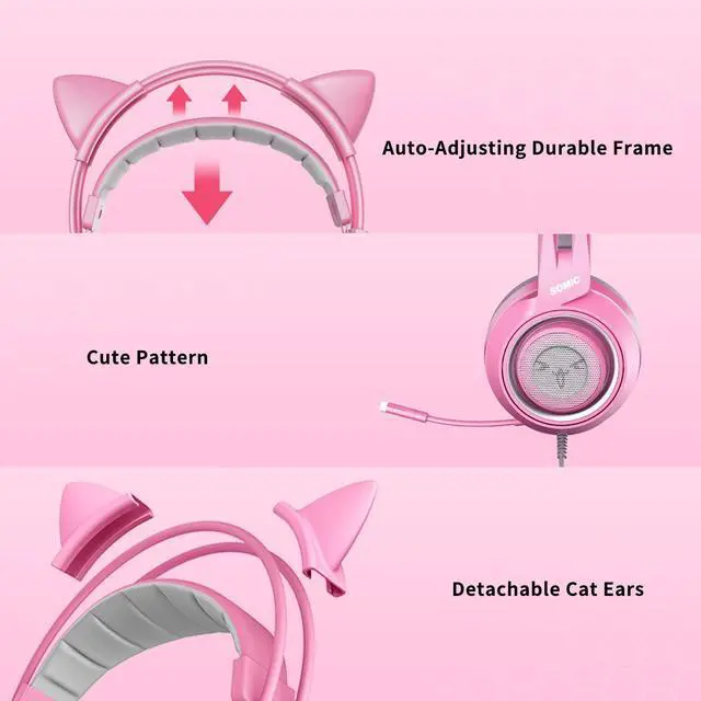 Alt view image 5 of 7 - G951s Pink Stereo Gaming Headset with Mic for PS4,Xbox,PC,Mobile Phone,3.5mm Noise Reduction Cat Ear Headphones Lightweight Over Ear Headphones for Woman
