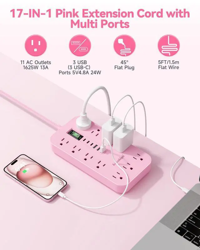 Alt view image 3 of 7 - Pink Extension Cord with Multiple Outlets- 5 FT