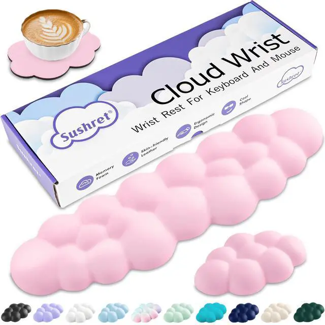 Main image of Cloud Wrist Rest Keyboard, Cloud Keyboard Wrist Pad Set with PU Leather Memory Foam, Cute Arm Rest for Palm Support, PC/Gaming Desk Accessories/Office Setup/Computer Hand Cushion - Pink