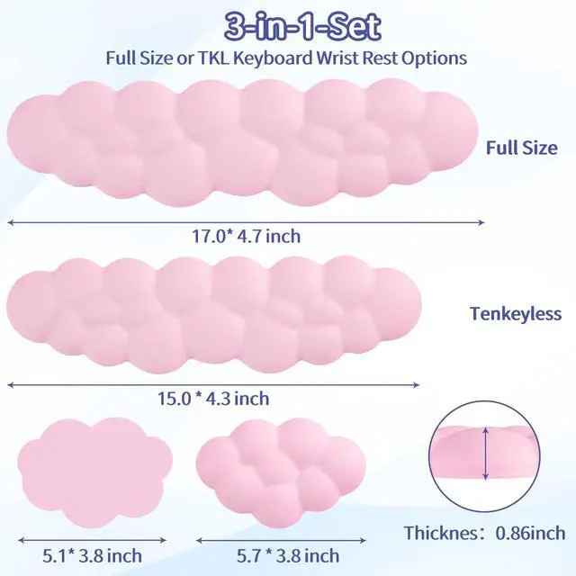 Alt view image 5 of 5 - Cloud Wrist Rest Keyboard, Cloud Keyboard Wrist Pad Set with PU Leather Memory Foam, Cute Arm Rest for Palm Support, PC/Gaming Desk Accessories/Office Setup/Computer Hand Cushion - Pink