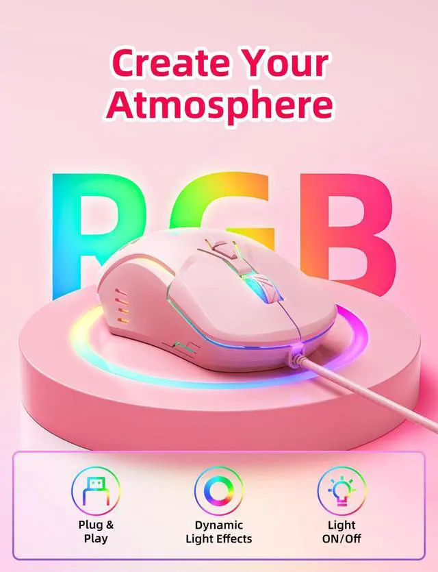 Alt view image 3 of 7 - Wired PC Gaming Mouse: High Precision Sensor,RGB Backlit, Adjustable DPI, 7 Buttons Programmable,Ergonomic mice for Office & Gaming on Windows/Mac/Linux/Chrome- Pink
