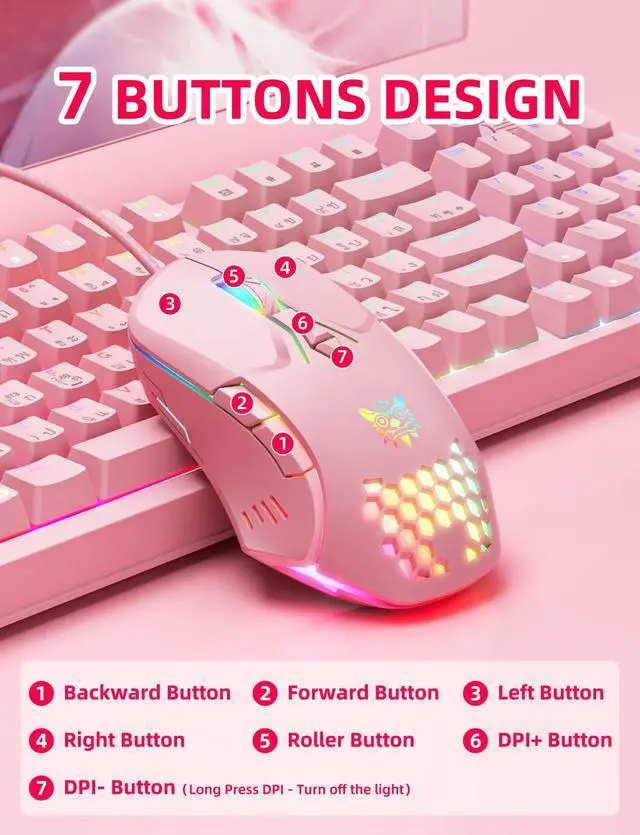 Alt view image 4 of 7 - Wired PC Gaming Mouse: High Precision Sensor,RGB Backlit, Adjustable DPI, 7 Buttons Programmable,Ergonomic mice for Office & Gaming on Windows/Mac/Linux/Chrome- Pink