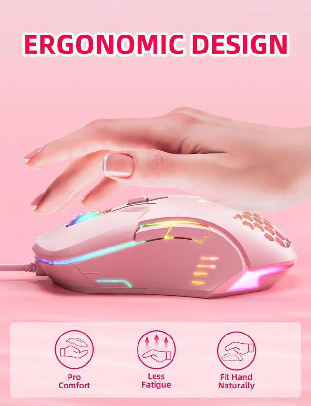 Alt view image 5 of 7 - Wired PC Gaming Mouse: High Precision Sensor,RGB Backlit, Adjustable DPI, 7 Buttons Programmable,Ergonomic mice for Office & Gaming on Windows/Mac/Linux/Chrome- Pink