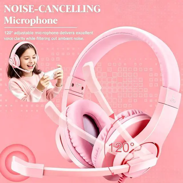 Alt view image 3 of 7 - Gaming Headset for Xbox One, PS4, PS5, Nintendo Switch, Bass Surround and Noise Cancelling 3.5mm Over Ear Headphones with Mic for Laptop PC Smartphones, Pink