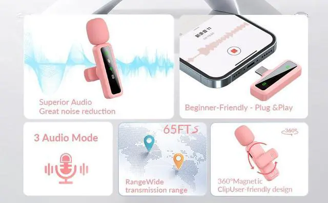 Alt view image 3 of 6 - Wireless Lavalier Microphone for iPhone - iPad, Android Phone Computer, Mini Microphone for Live Streaming, Video Recording, Outdoor or Indoor Interviews, YouTube, TikTok, Vlog (Pink)