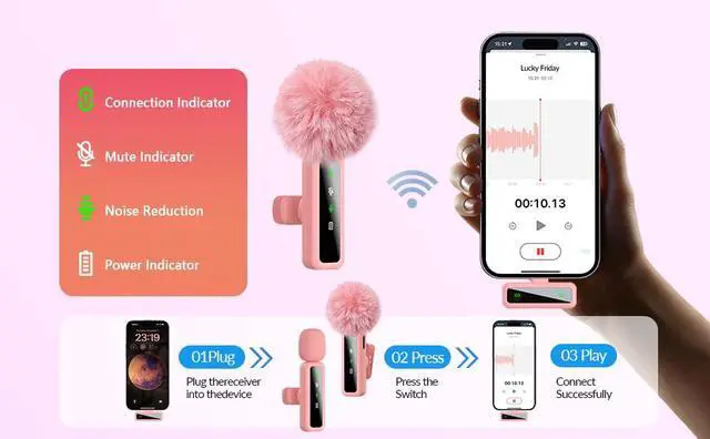 Alt view image 4 of 6 - Wireless Lavalier Microphone for iPhone - iPad, Android Phone Computer, Mini Microphone for Live Streaming, Video Recording, Outdoor or Indoor Interviews, YouTube, TikTok, Vlog (Pink)