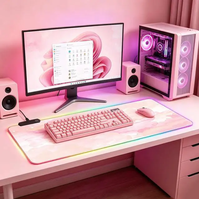 Alt view image 3 of 7 - RGB Large Gaming Mouse Pad, Extended Mouse Pad with 12 Lighting Effects, Water Proof Mutispandex Surface, Non-Slip Rubber Base, 80x30 cm / 31.5×11.8 in (Pink Nebula)