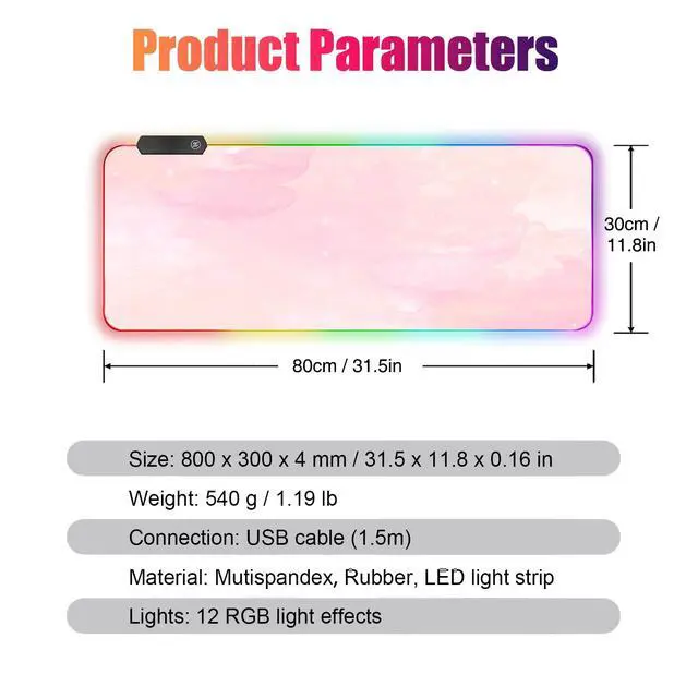 Alt view image 7 of 7 - RGB Large Gaming Mouse Pad, Extended Mouse Pad with 12 Lighting Effects, Water Proof Mutispandex Surface, Non-Slip Rubber Base, 80x30 cm / 31.5×11.8 in (Pink Nebula)
