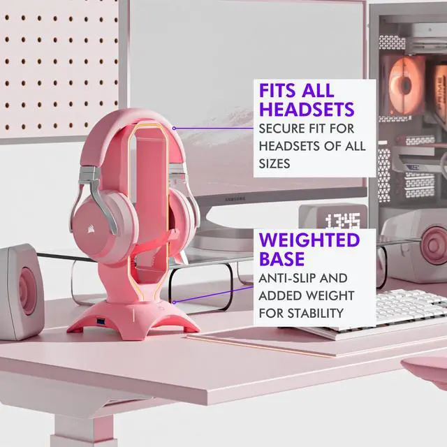 Alt view image 6 of 6 - Cute Headphone Stand Pink | Headset Stand with RGB, Mouse Bungee Holder, and 2 Port USB Hub Charger - Desk Gaming Accessories