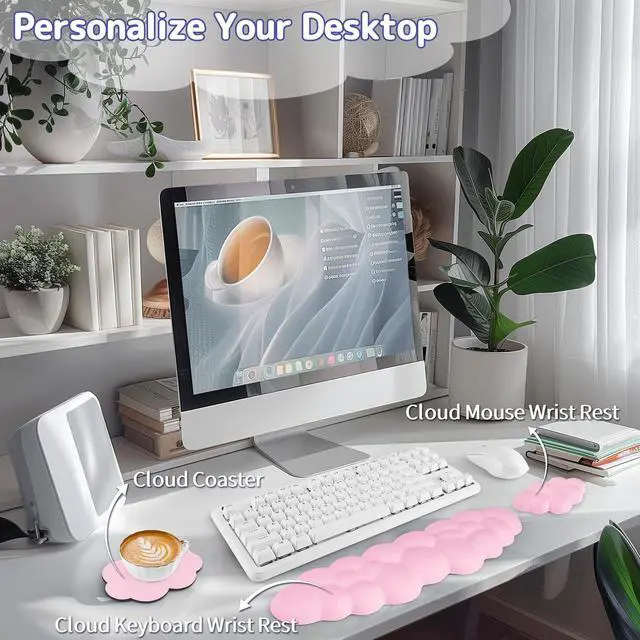 Alt view image 2 of 7 - Cloud Wrist Rest Keyboard, Cloud Keyboard Wrist Pad Set with PU Leather Memory Foam, Cute Arm Rest for Palm Support, PC/Gaming Desk Accessories/Office Setup/Computer Hand Cushion - Pink