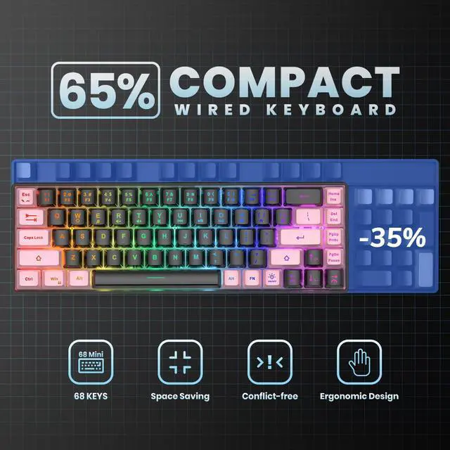 Alt view image 4 of 7 - 65% Gaming Keyboard, LED Backlit, Ultra-Compact Anti-Ghosting No-Conflict 68 Keys Membrane Gaming Wired Keyboard for PC Laptop Windows Gamer(Black-Pink)
