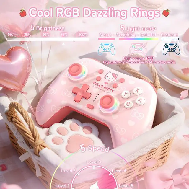 Alt view image 4 of 7 - Hello Kitty Switch Pro Controller, Cute Hall Effect Wireless Gamepad No Drift for Switch 2/Switch/OLED/Lite, PC/Steam, Android, iOS, Bluetooth + Wired, Turbo, Back Buttons,6-Aixs Gyro, Wake-up, RGB