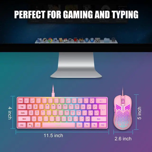 Alt view image 6 of 7 - 60% Gaming Keyboard and Mouse Combo, Ultra-Compact 61 Keys RGB Backlit Mini Keyboard, Lightweight 7200 DPI Honeycomb Optical Mouse, RGB Wired Gaming Set for PC MAC PS5 Xbox Gamer(Pink)