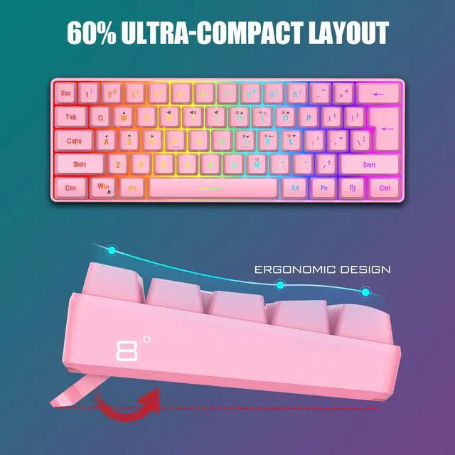 Alt view image 3 of 7 - 60% Gaming Keyboard and Mouse Combo, Ultra-Compact 61 Keys RGB Backlit Mini Keyboard, Lightweight 7200 DPI Honeycomb Optical Mouse, RGB Wired Gaming Set for PC MAC PS5 Xbox Gamer(Pink)