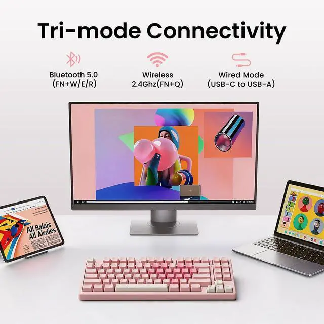 Alt view image 2 of 7 - KN85 Wireless Mechanical Keyboard, 75% Layout, Bluetooth/2.4GHz/USB-C, Custom RGB Backlit, Hot-Swappable Linear Switch, Creamy Sound for Gaming/Typing (Rose Pink)