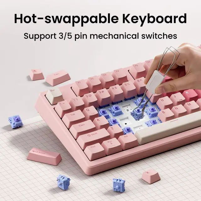 Alt view image 5 of 7 - KN85 Wireless Mechanical Keyboard, 75% Layout, Bluetooth/2.4GHz/USB-C, Custom RGB Backlit, Hot-Swappable Linear Switch, Creamy Sound for Gaming/Typing (Rose Pink)