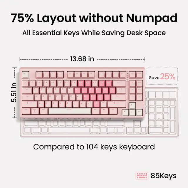 Alt view image 3 of 7 - KN85 Wireless Mechanical Keyboard, 75% Layout, Bluetooth/2.4GHz/USB-C, Custom RGB Backlit, Hot-Swappable Linear Switch, Creamy Sound for Gaming/Typing (Rose Pink)