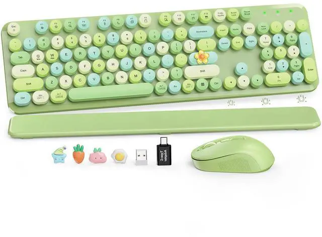 Main image of Wireless Keyboard and Mouse Combo, Cute Retro Typewriter Keyboard with Round Keycaps and Magnetic Wrist Rest, Full-Size 2.4GHz Cordless for Mac, Windows PC, Laptop, SABLUTE CK23, Green Multi-Color