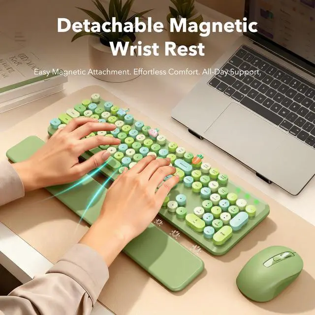 Alt view image 2 of 7 - Wireless Keyboard and Mouse Combo, Cute Retro Typewriter Keyboard with Round Keycaps and Magnetic Wrist Rest, Full-Size 2.4GHz Cordless for Mac, Windows PC, Laptop, SABLUTE CK23, Green Multi-Color