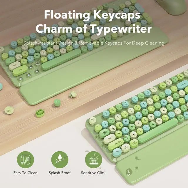 Alt view image 3 of 7 - Wireless Keyboard and Mouse Combo, Cute Retro Typewriter Keyboard with Round Keycaps and Magnetic Wrist Rest, Full-Size 2.4GHz Cordless for Mac, Windows PC, Laptop, SABLUTE CK23, Green Multi-Color