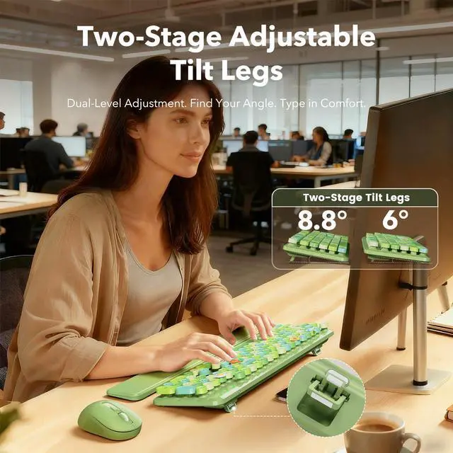 Alt view image 4 of 7 - Wireless Keyboard and Mouse Combo, Cute Retro Typewriter Keyboard with Round Keycaps and Magnetic Wrist Rest, Full-Size 2.4GHz Cordless for Mac, Windows PC, Laptop, SABLUTE CK23, Green Multi-Color