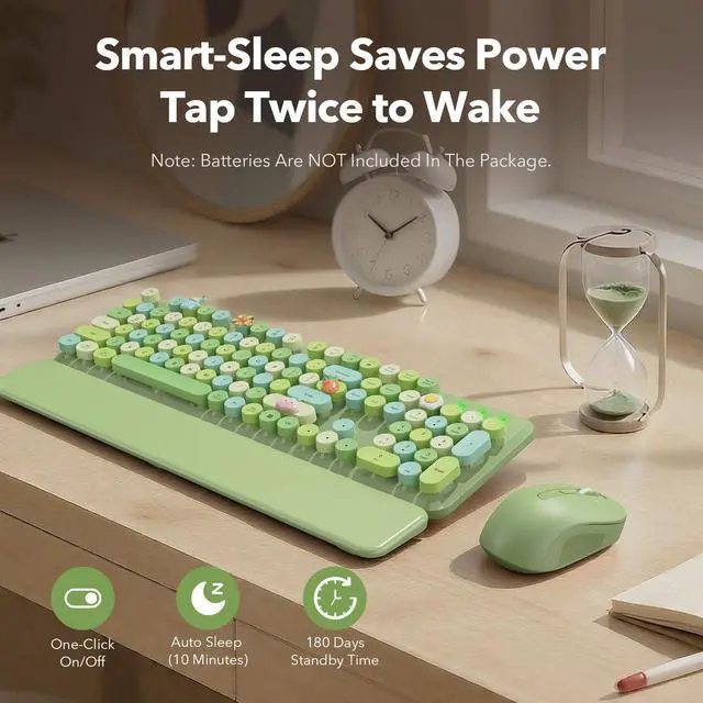 Alt view image 5 of 7 - Wireless Keyboard and Mouse Combo, Cute Retro Typewriter Keyboard with Round Keycaps and Magnetic Wrist Rest, Full-Size 2.4GHz Cordless for Mac, Windows PC, Laptop, SABLUTE CK23, Green Multi-Color