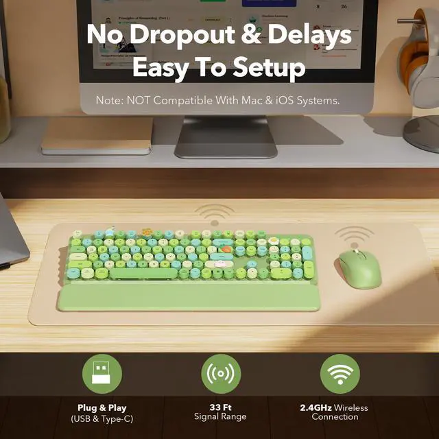 Alt view image 7 of 7 - Wireless Keyboard and Mouse Combo, Cute Retro Typewriter Keyboard with Round Keycaps and Magnetic Wrist Rest, Full-Size 2.4GHz Cordless for Mac, Windows PC, Laptop, SABLUTE CK23, Green Multi-Color