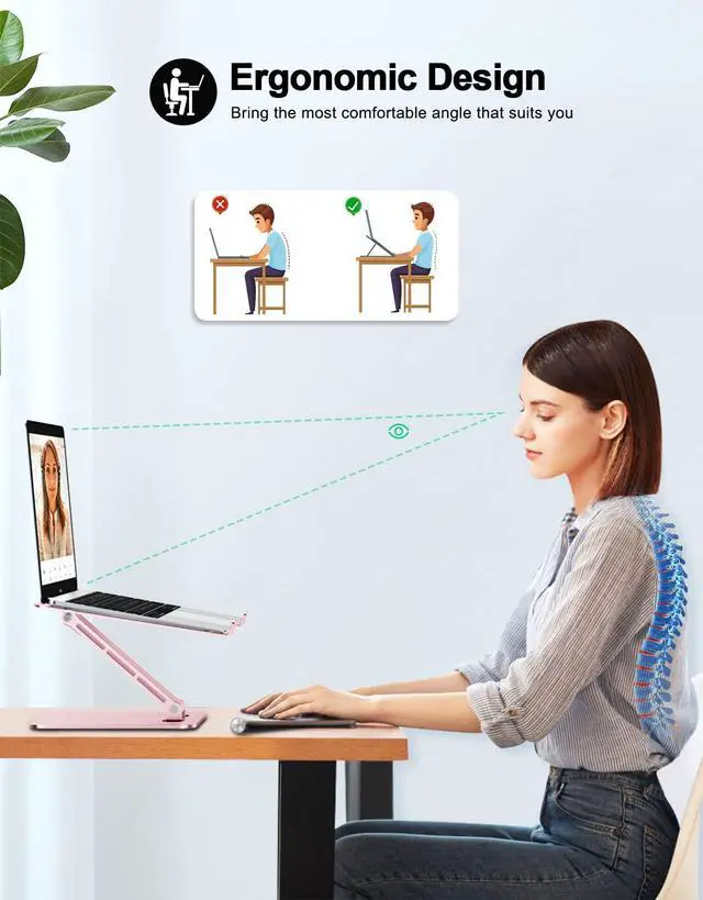 Alt view image 2 of 7 - Foldable Aluminum Alloy Laptop Stand for Desk, Height Adjustable Ergonomic Computer Stand, Portable Laptop Riser Holder Printer Stand Compatible with MacBook Pro Air/HP/Dell 10-16", Pink