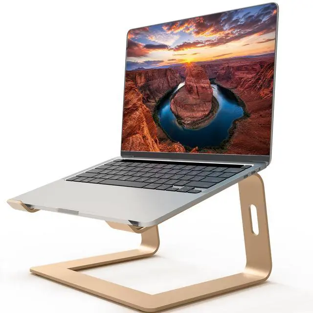 Main image of Ergonomic Laptop Stand, Premium 5mm Aluminum Riser for 10-15.6 Inch Notebook Computer, Tool-Free Detachable Elevator Holder for Desk Office, Sturdy Riser for Eye-Level Neck Relief (Gold)