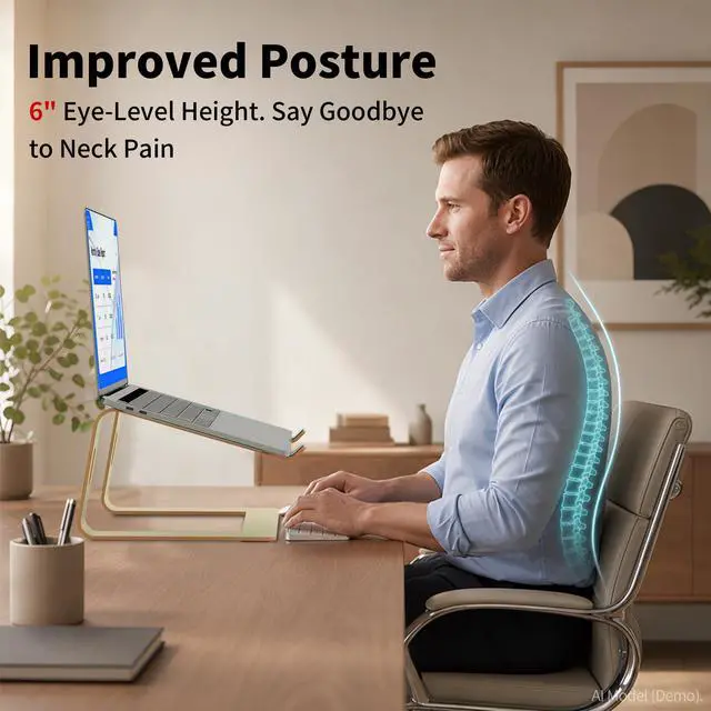 Alt view image 2 of 7 - Ergonomic Laptop Stand, Premium 5mm Aluminum Riser for 10-15.6 Inch Notebook Computer, Tool-Free Detachable Elevator Holder for Desk Office, Sturdy Riser for Eye-Level Neck Relief (Gold)