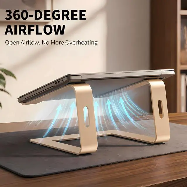 Alt view image 3 of 7 - Ergonomic Laptop Stand, Premium 5mm Aluminum Riser for 10-15.6 Inch Notebook Computer, Tool-Free Detachable Elevator Holder for Desk Office, Sturdy Riser for Eye-Level Neck Relief (Gold)