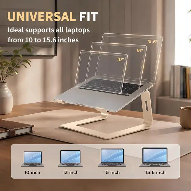 Alt view image 4 of 7 - Ergonomic Laptop Stand, Premium 5mm Aluminum Riser for 10-15.6 Inch Notebook Computer, Tool-Free Detachable Elevator Holder for Desk Office, Sturdy Riser for Eye-Level Neck Relief (Gold)