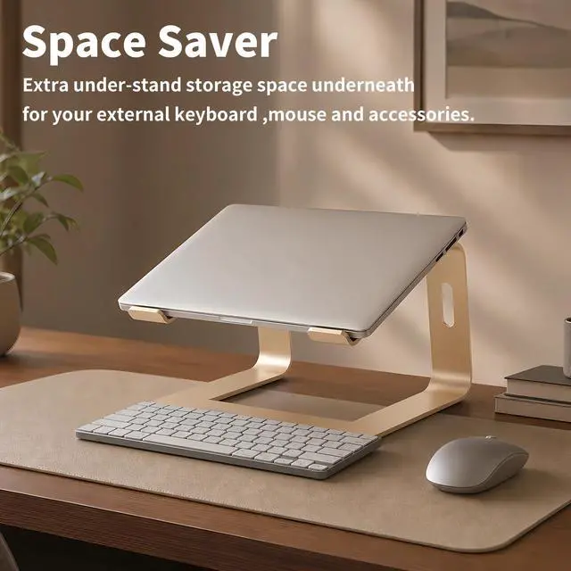 Alt view image 5 of 7 - Ergonomic Laptop Stand, Premium 5mm Aluminum Riser for 10-15.6 Inch Notebook Computer, Tool-Free Detachable Elevator Holder for Desk Office, Sturdy Riser for Eye-Level Neck Relief (Gold)