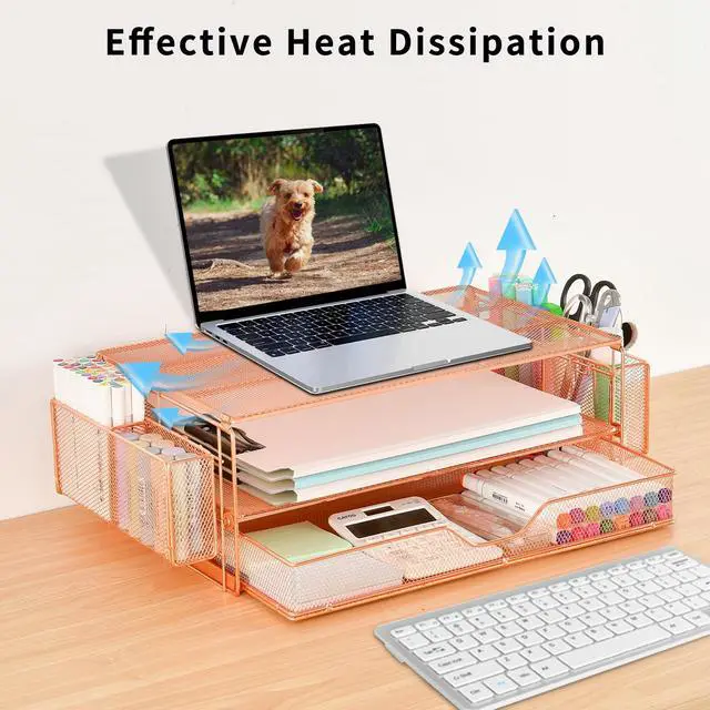 Alt view image 2 of 7 - Computer Monitor Stands Riser2-Tier Desk Organizers and Accessories, Office Desk Accessories Organizer with Drawers and 2 Pen Holder for Office Supplies (Rose Gold)