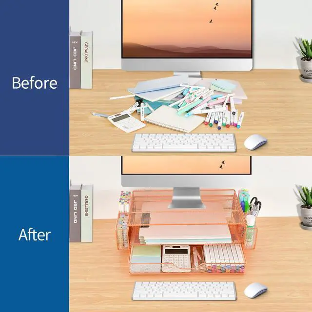 Alt view image 4 of 7 - Computer Monitor Stands Riser2-Tier Desk Organizers and Accessories, Office Desk Accessories Organizer with Drawers and 2 Pen Holder for Office Supplies (Rose Gold)
