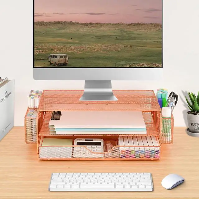 Alt view image 6 of 7 - Computer Monitor Stands Riser2-Tier Desk Organizers and Accessories, Office Desk Accessories Organizer with Drawers and 2 Pen Holder for Office Supplies (Rose Gold)