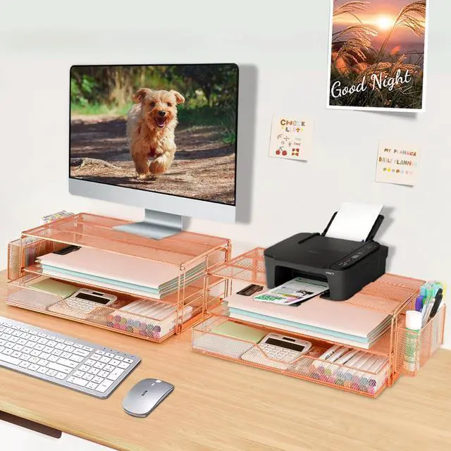 Alt view image 7 of 7 - Computer Monitor Stands Riser2-Tier Desk Organizers and Accessories, Office Desk Accessories Organizer with Drawers and 2 Pen Holder for Office Supplies (Rose Gold)