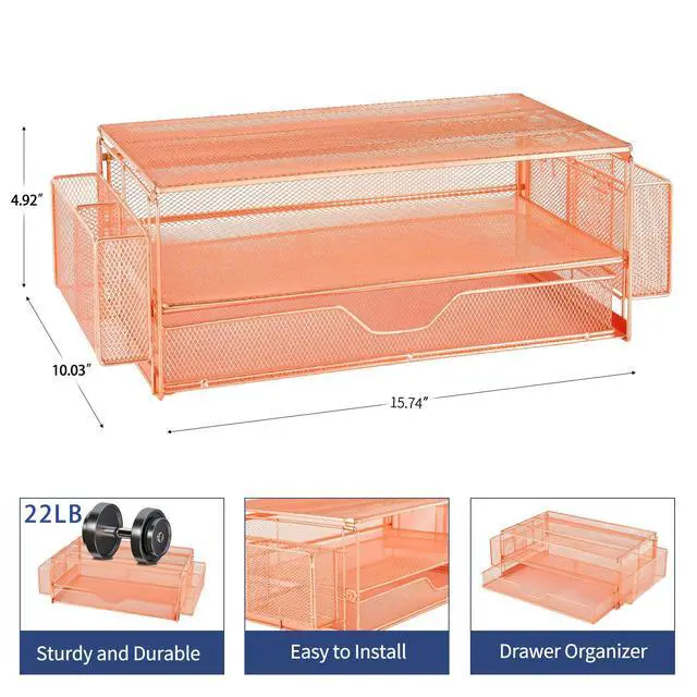 Alt view image 5 of 7 - Computer Monitor Stands Riser2-Tier Desk Organizers and Accessories, Office Desk Accessories Organizer with Drawers and 2 Pen Holder for Office Supplies (Rose Gold)